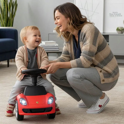 Raudonas vaikiškas paspirtukas-automobiliukas „Porsche Carrera GT“ su šviesomis, „Sun Baby“