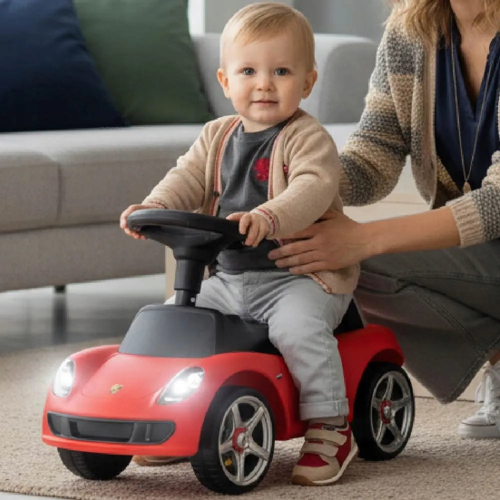Raudonas vaikiškas paspirtukas-automobiliukas „Porsche Carrera GT“ su šviesomis, „Sun Baby“