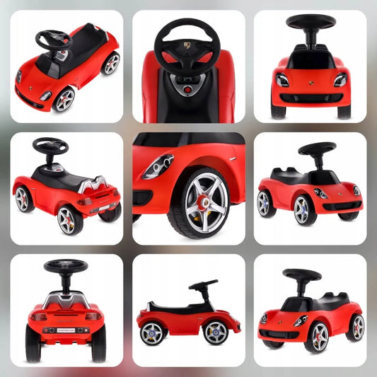 Raudonas vaikiškas paspirtukas-automobiliukas „Porsche Carrera GT“ su šviesomis, „Sun Baby“