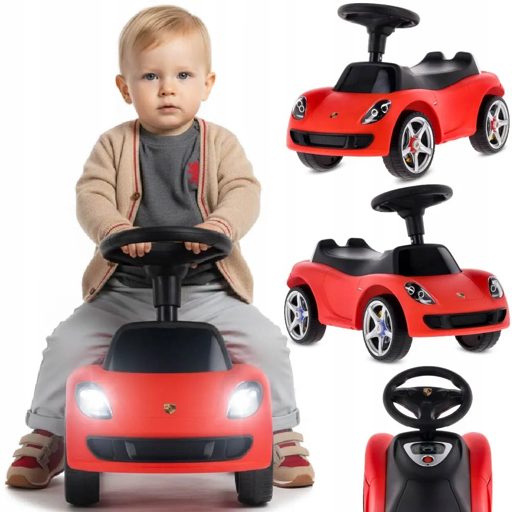 Raudonas vaikiškas paspirtukas-automobiliukas „Porsche Carrera GT“ su šviesomis, „Sun Baby“
