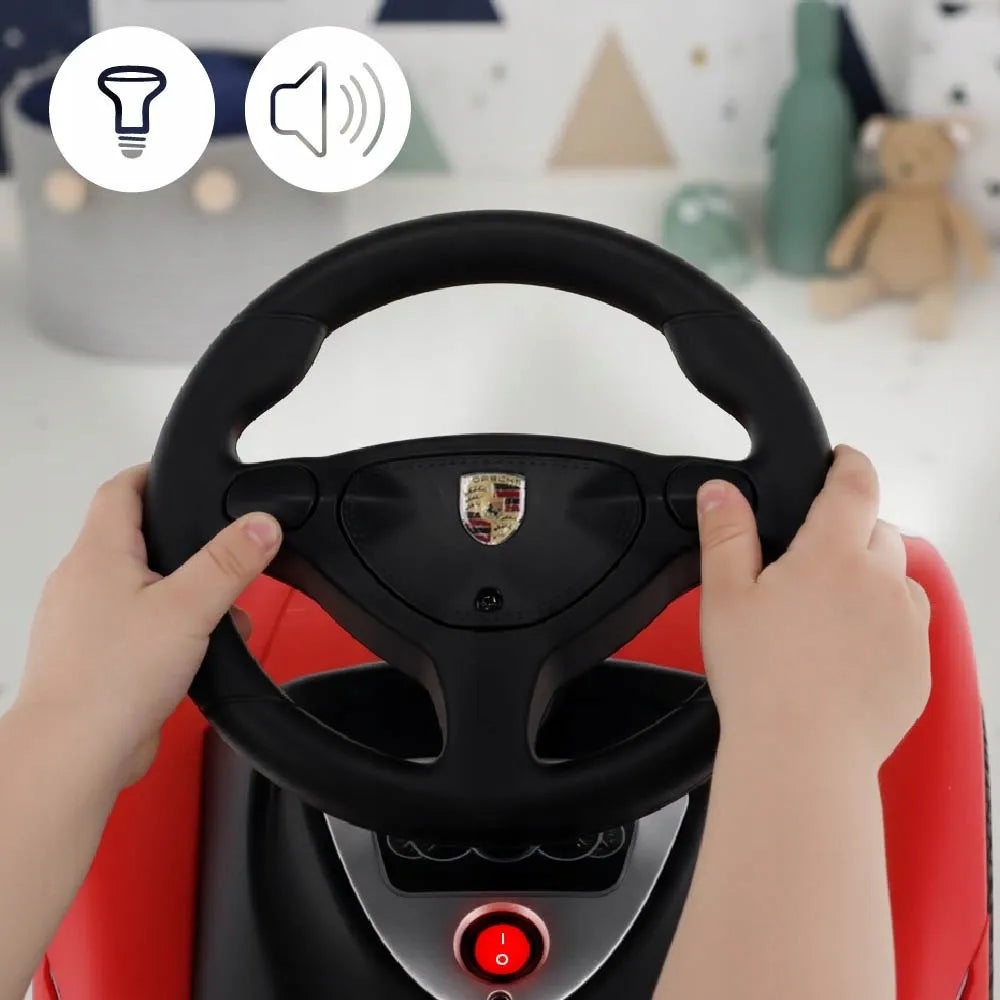 Raudonas vaikiškas paspirtukas-automobiliukas „Porsche Carrera GT“ su šviesomis, „Sun Baby“