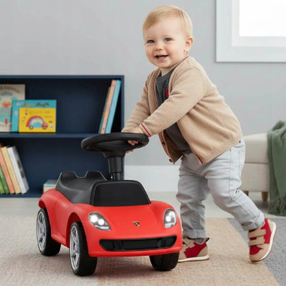 Raudonas vaikiškas paspirtukas-automobiliukas „Porsche Carrera GT“ su šviesomis, „Sun Baby“