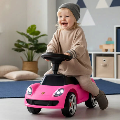 Rausvas vaikiškas pasispiriamas automobilis „Porsche Carrera GT“ su šviesomis