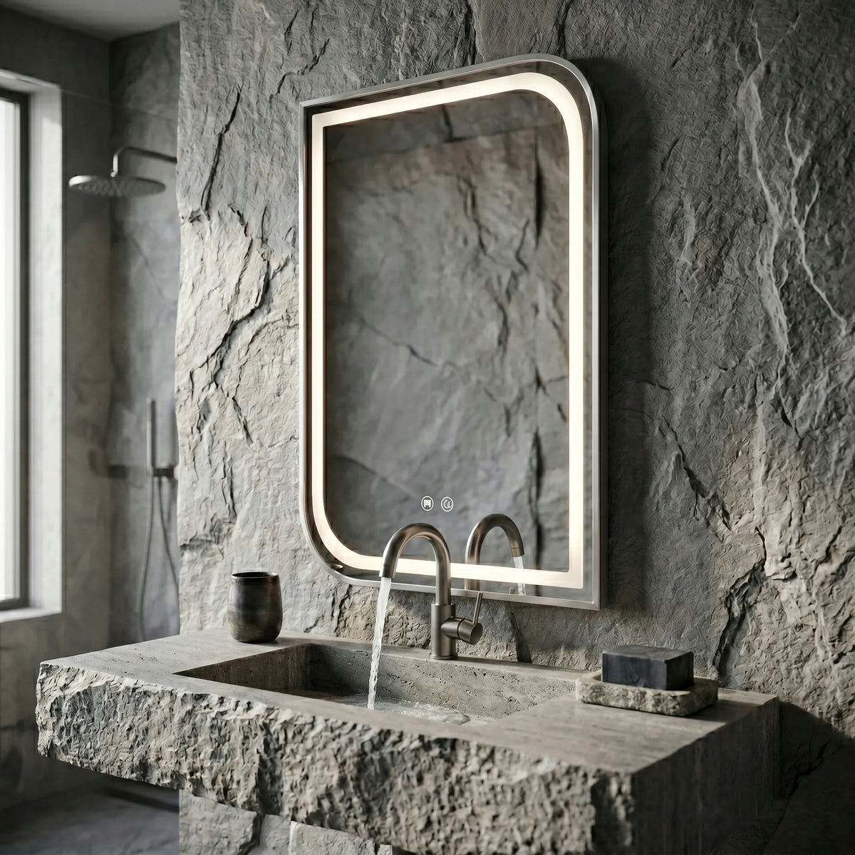 REA Zone LED vonios veidrodis su apšvietimu, 80 × 60 cm, šlifuoto nikelio spalvos