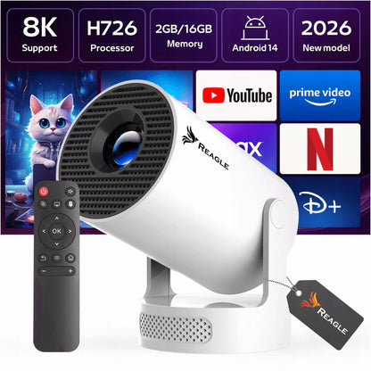 „Reagle“ nešiojamasis LED mini projektorius su „Android 14“, „Wi-Fi“ ir „Smart TV“, 2026 m. modelis, 1280 × 720