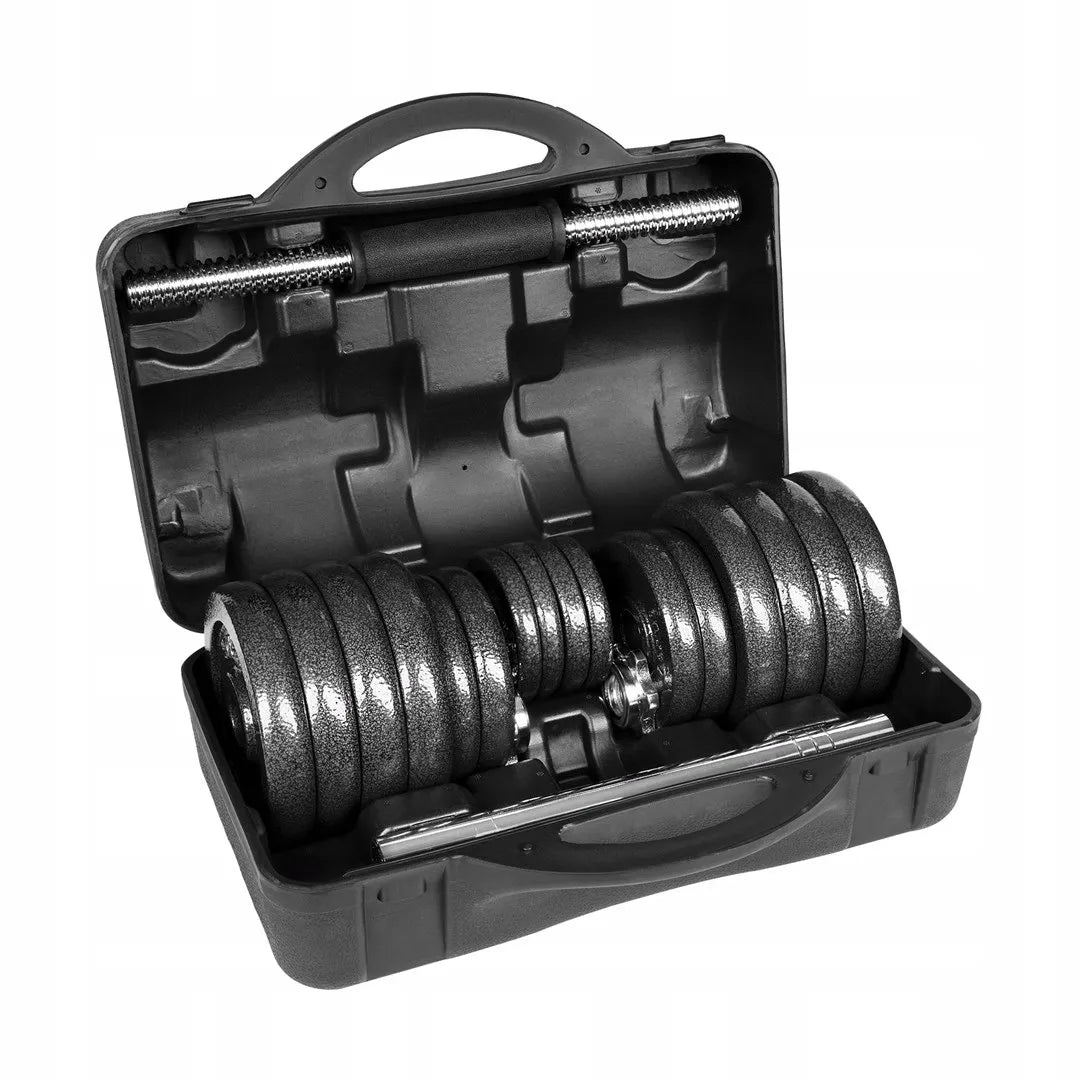 REBEL ACTIVE reguliuojami hanteliai lagamine su grifų jungtimi, 30 kg rinkinys