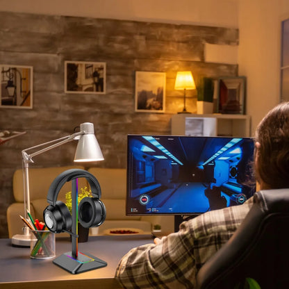 RETOO ausinių stovas, žaidimų laikiklis su RGB LED apšvietimu ir USB šakotuvu