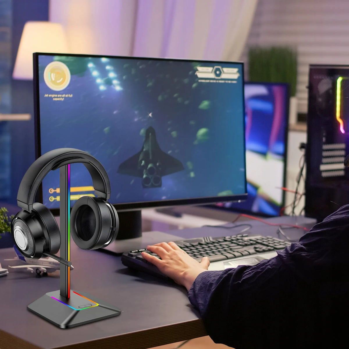 RETOO ausinių stovas, žaidimų laikiklis su RGB LED apšvietimu ir USB šakotuvu