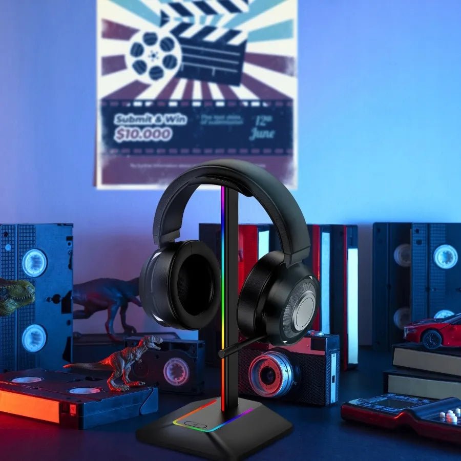 RETOO ausinių stovas, žaidimų laikiklis su RGB LED apšvietimu ir USB šakotuvu
