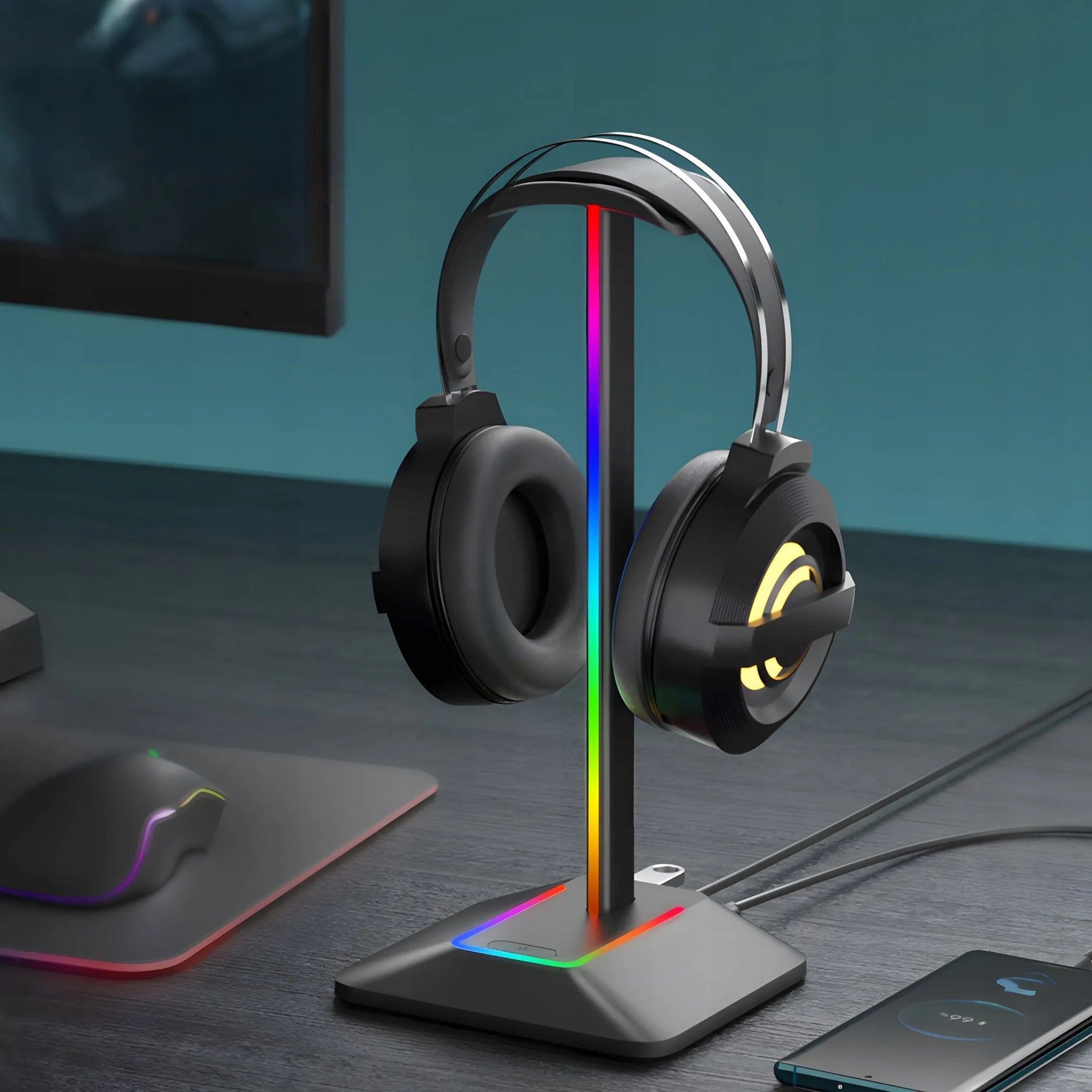 RETOO ausinių stovas, žaidimų laikiklis su RGB LED apšvietimu ir USB šakotuvu