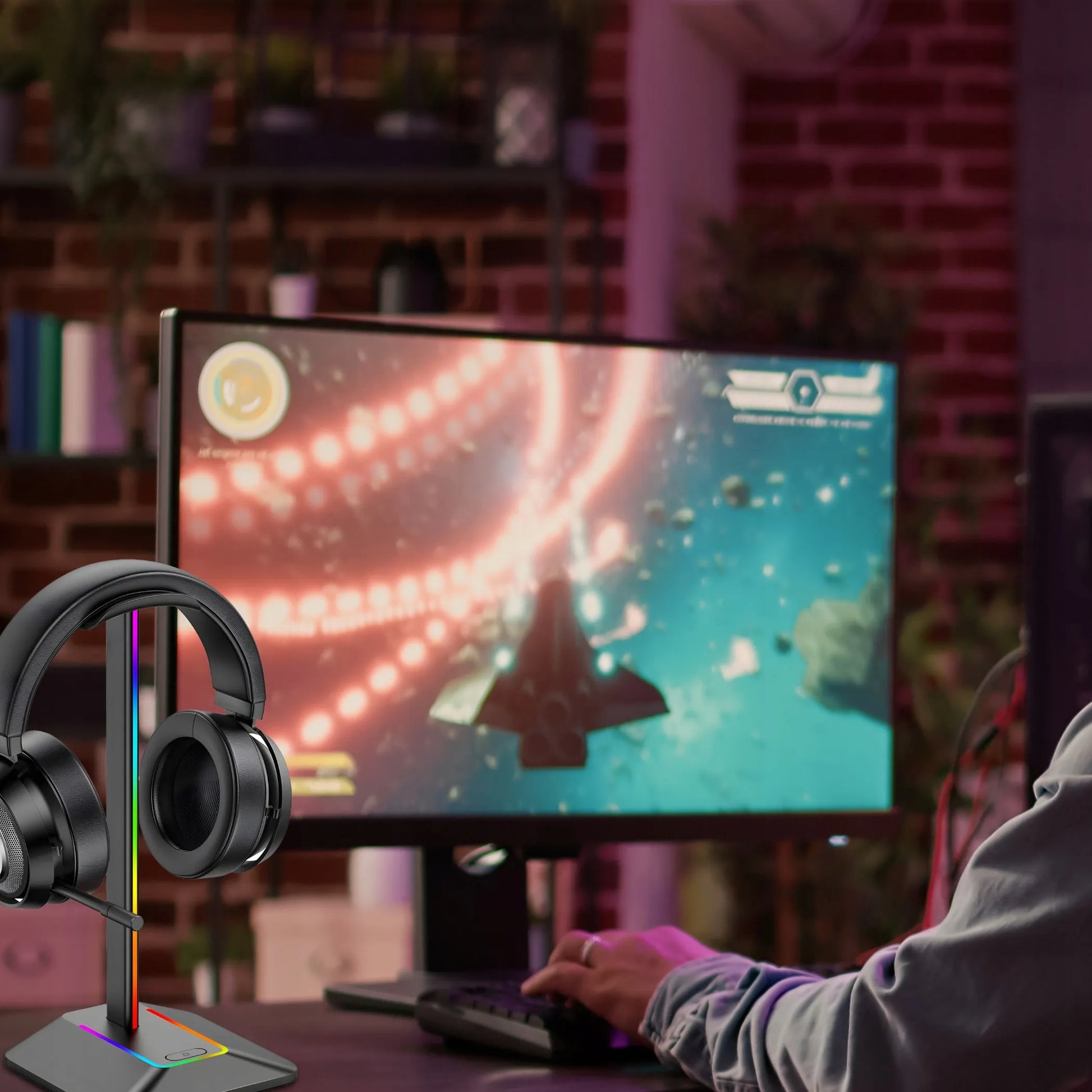 RETOO ausinių stovas, žaidimų laikiklis su RGB LED apšvietimu ir USB šakotuvu
