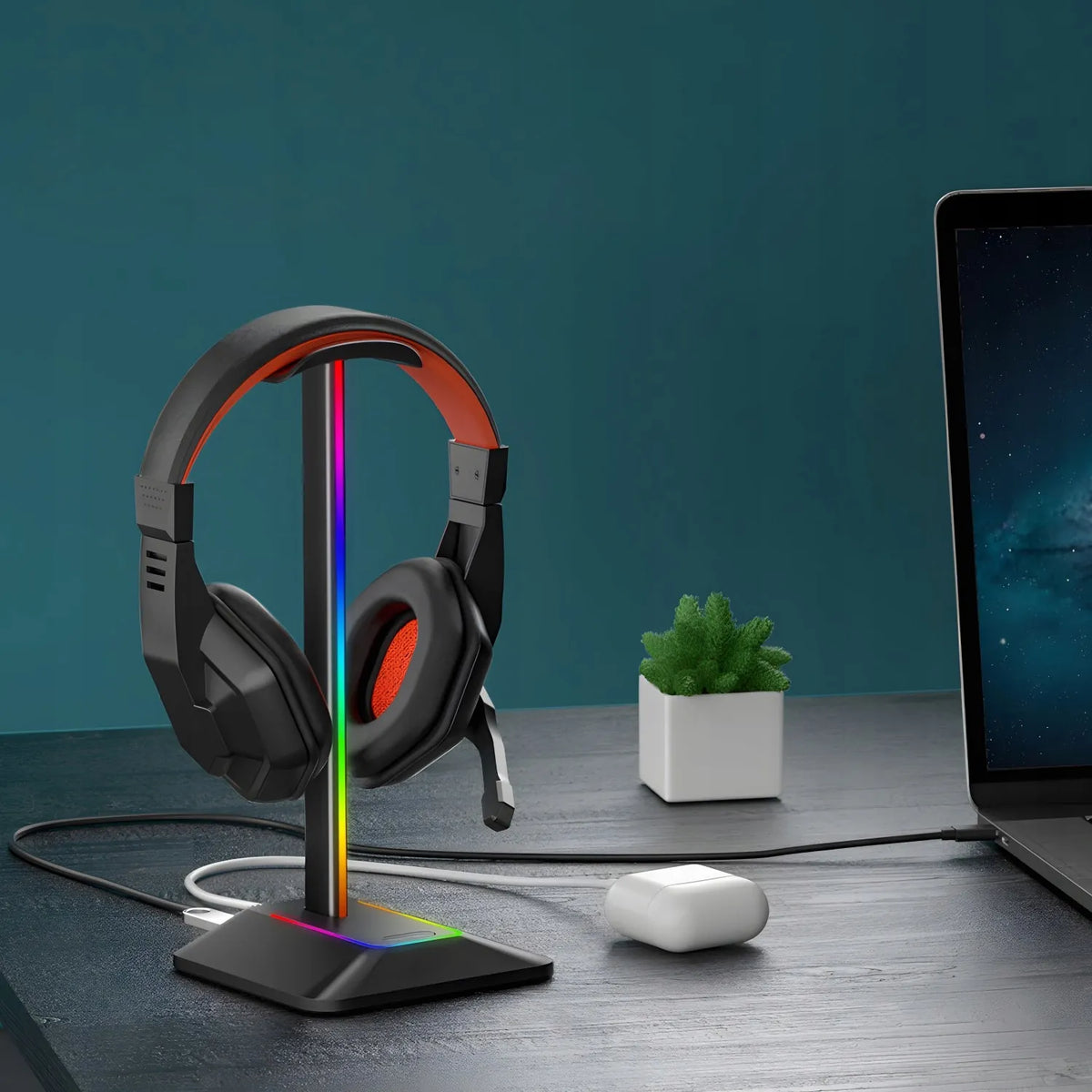 RETOO ausinių stovas, žaidimų laikiklis su RGB LED apšvietimu ir USB šakotuvu