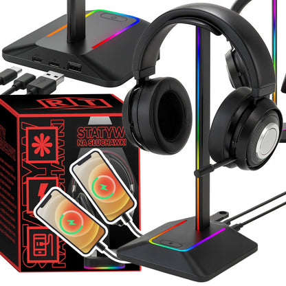 RETOO ausinių stovas, žaidimų laikiklis su RGB LED apšvietimu ir USB šakotuvu