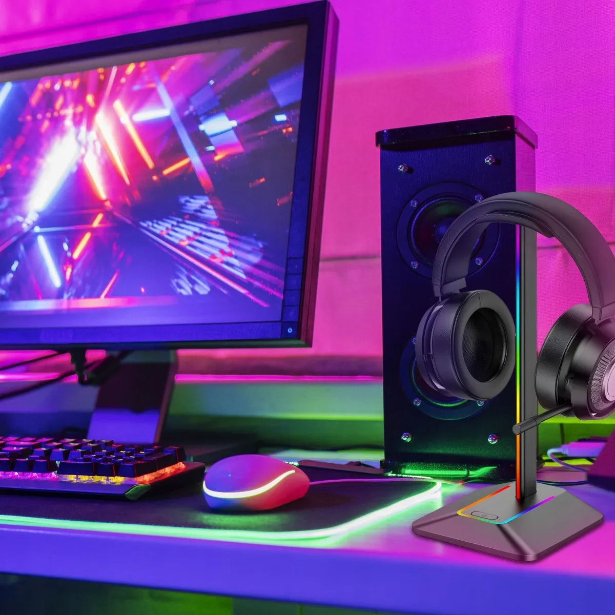 RETOO ausinių stovas, žaidimų laikiklis su RGB LED apšvietimu ir USB šakotuvu
