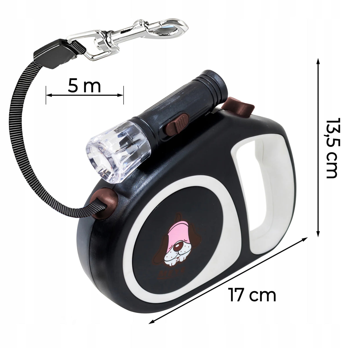 RETOO automatinis pavadėlis šunims ir katėms, tvirta 5 m juosta, blokavimas, iki 15 kg, LED žibintuvėlis