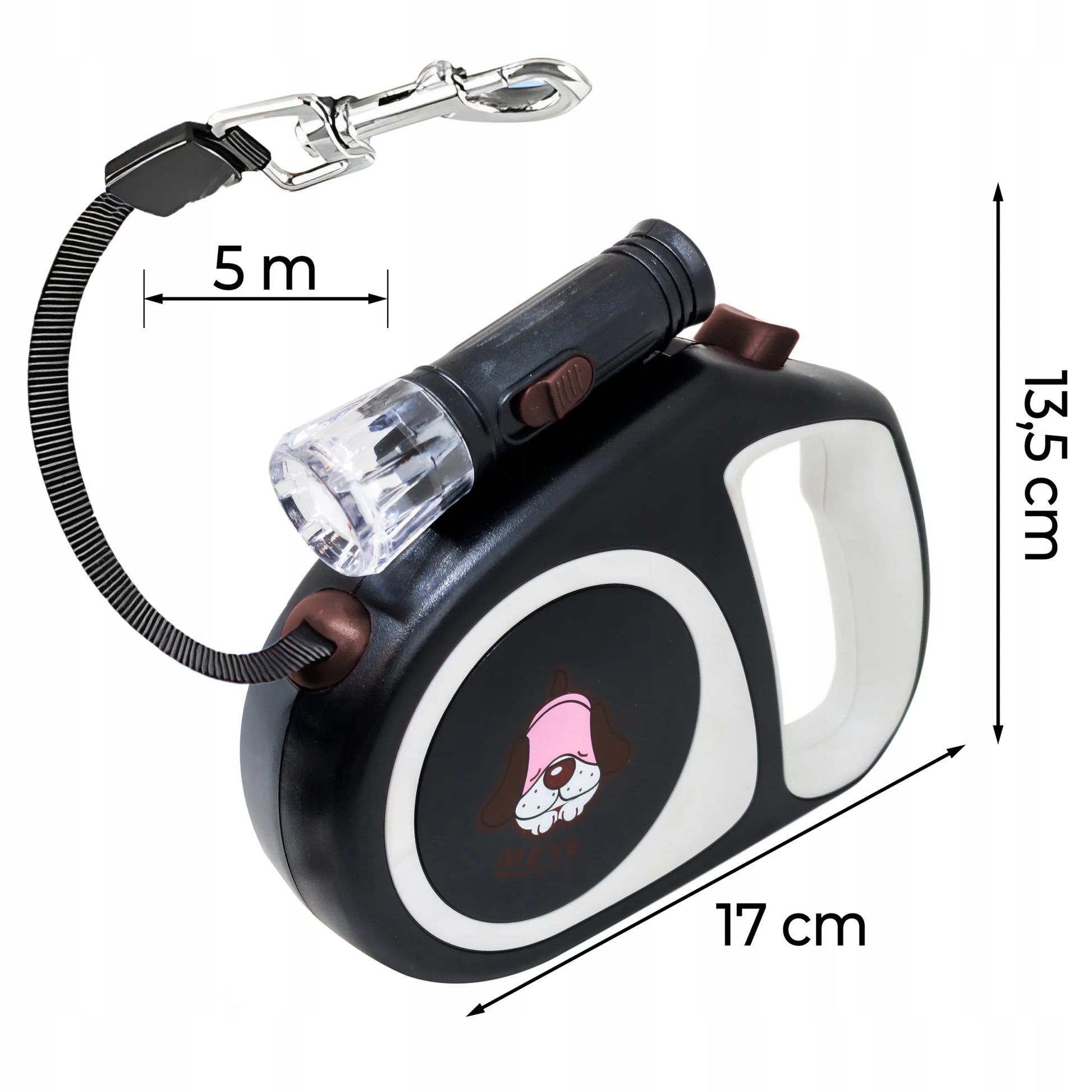 RETOO automatinis pavadėlis šunims ir katėms, tvirta 5 m juosta, blokavimas, iki 15 kg, LED žibintuvėlis