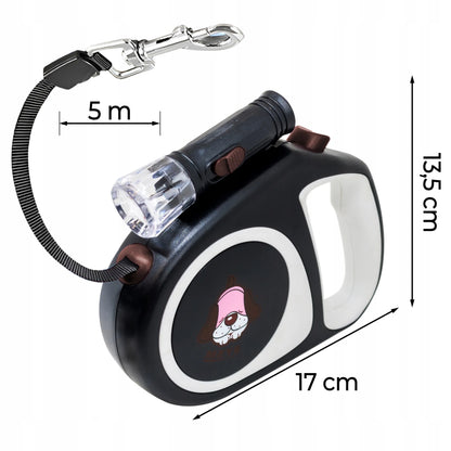 RETOO automatinis pavadėlis šunims ir katėms, tvirta 5 m juosta, blokavimas, iki 15 kg, LED žibintuvėlis