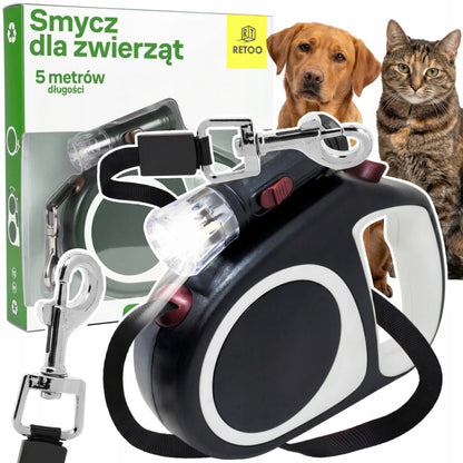 RETOO automatinis pavadėlis šunims ir katėms, tvirta 5 m juosta, blokavimas, iki 15 kg, LED žibintuvėlis
