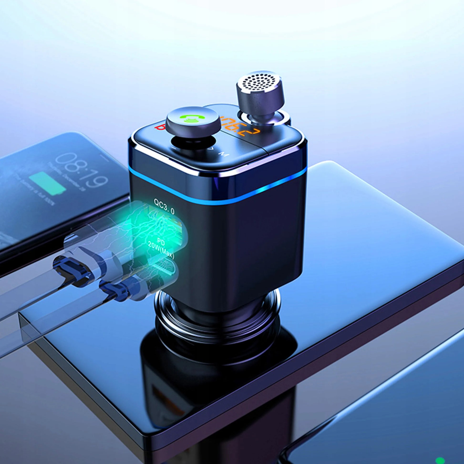 RETOO „Bluetooth FM“ garso siųstuvas, MP3 grotuvas, greitasis USB įkroviklis, SD, LCD, QC3.0, RGB