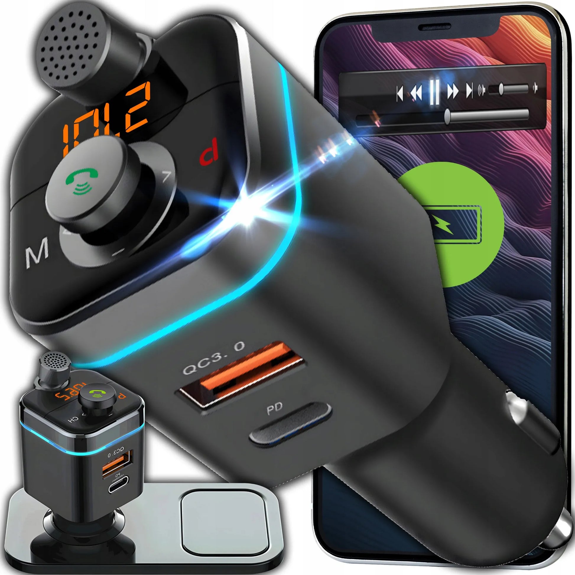 RETOO „Bluetooth“ garso FM MP3 siųstuvas + greitasis USB SD LCD QC3.0 RGB įkroviklis