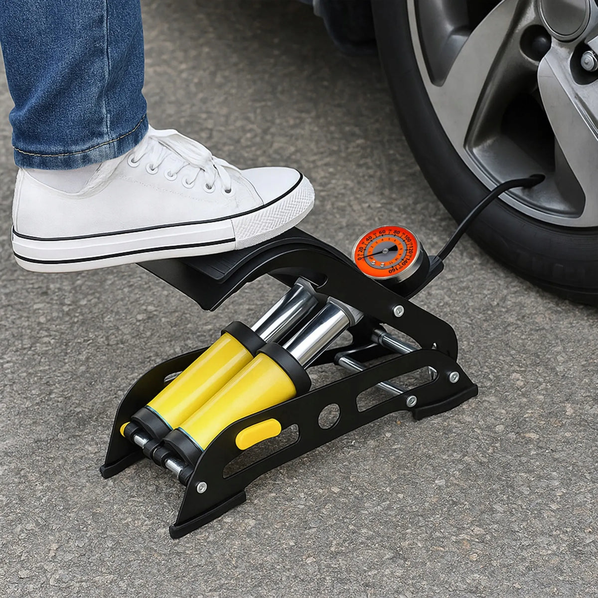 RETOO dviejų stūmoklių kojinė pompa automobiliui ir dviračiui su manometru, iki 10 barų