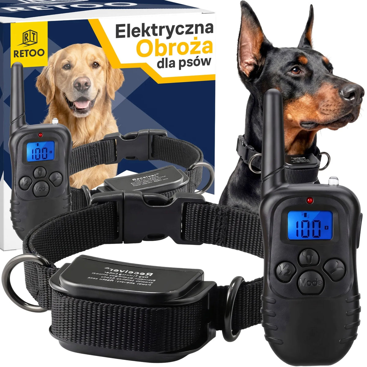 RETOO elektrinis dresūros antkaklis šunims, veikimo nuotolis iki 300 m, atsparus vandeniui, su nuotolinio valdymo pultu