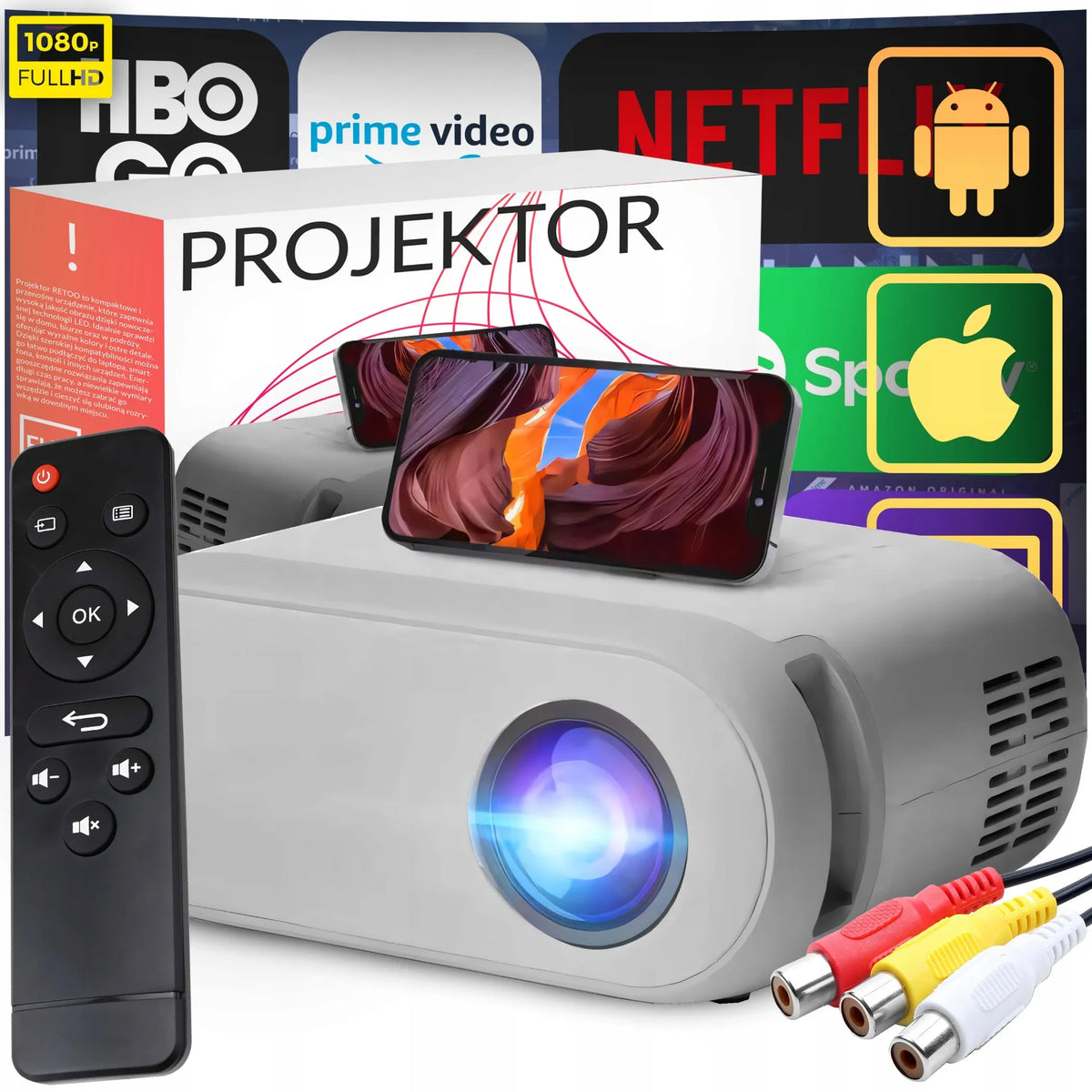 RETOO ER1160 Nešiojamas Wi-Fi projektorius, Full HD, 3000 lm