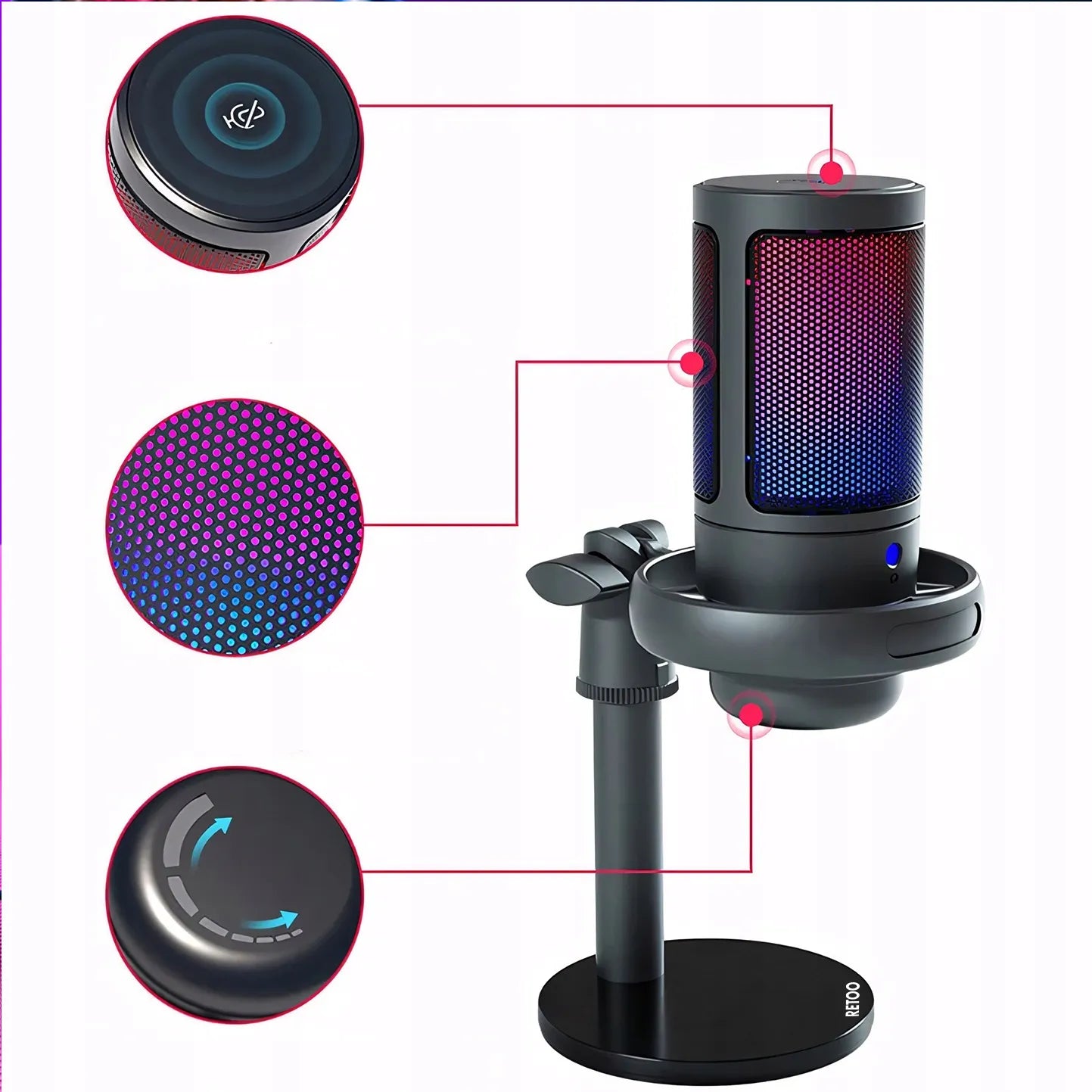 RETOO ER1190 USB kondensatorinis žaidimų mikrofonas kompiuteriui su pop filtru ir nutildymo funkcija