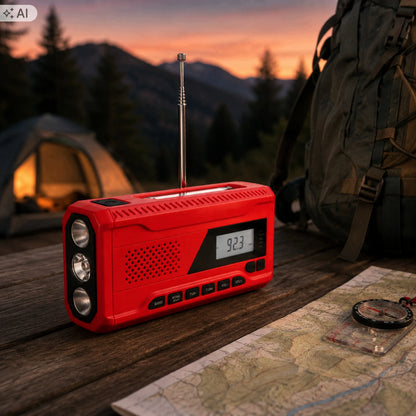 RETOO ER1283 avarinis radijas AM/FM su saulės skydeliu, rankine rankenėle, powerbanku ir žibintuvėliu