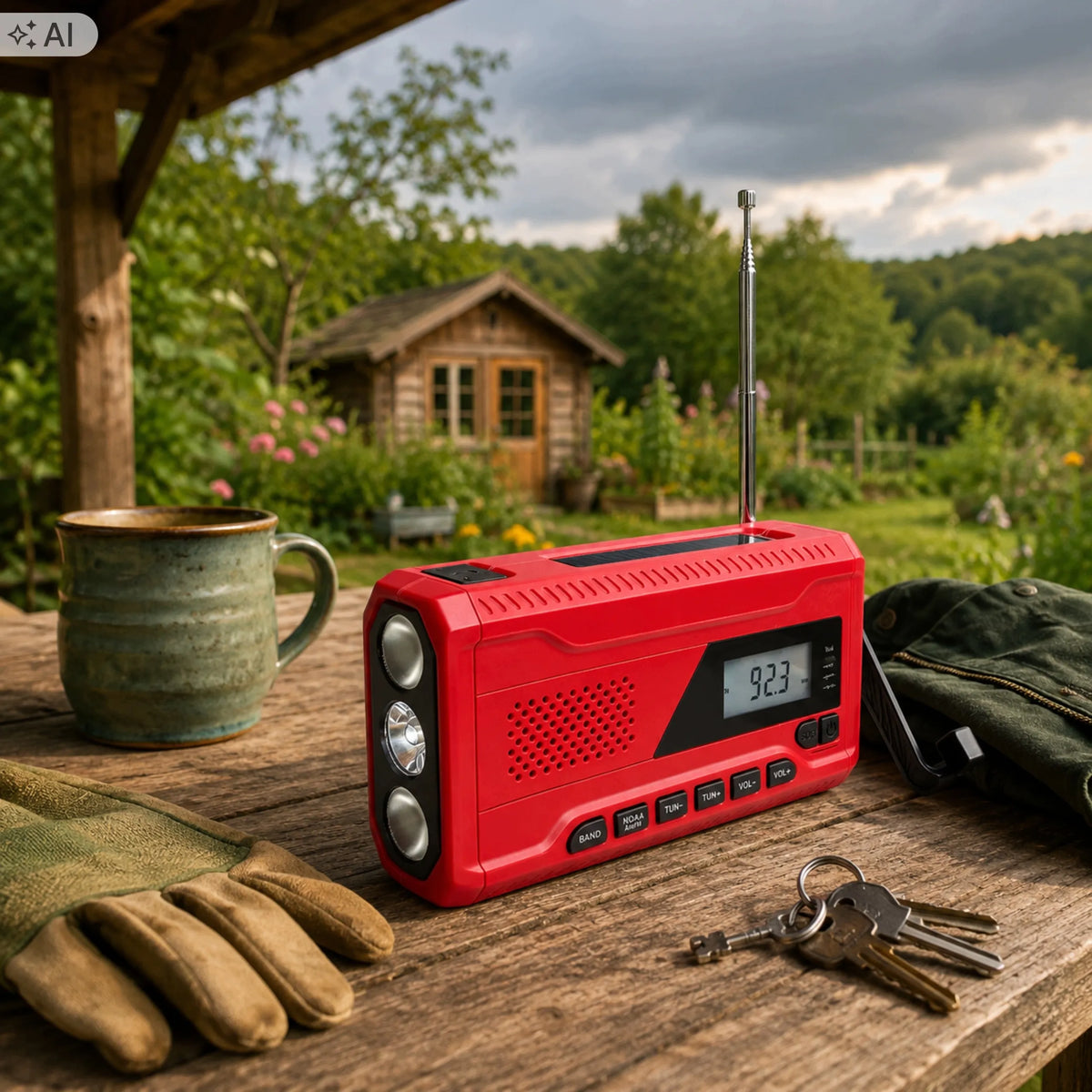 RETOO ER1283 avarinis radijas AM/FM su saulės skydeliu, rankine rankenėle, powerbanku ir žibintuvėliu