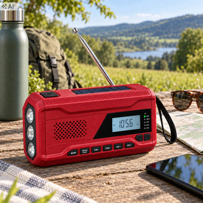 RETOO ER1283 avarinis radijas AM/FM su saulės skydeliu, rankine rankenėle, powerbanku ir žibintuvėliu
