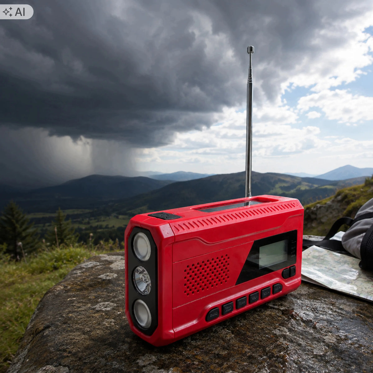RETOO ER1283 avarinis radijas AM/FM su saulės skydeliu, rankine rankenėle, powerbanku ir žibintuvėliu