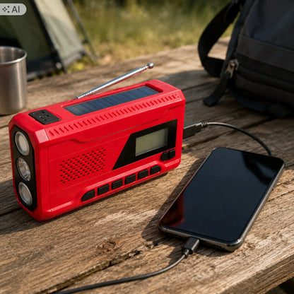 RETOO ER1283 avarinis radijas AM/FM su saulės skydeliu, rankine rankenėle, powerbanku ir žibintuvėliu