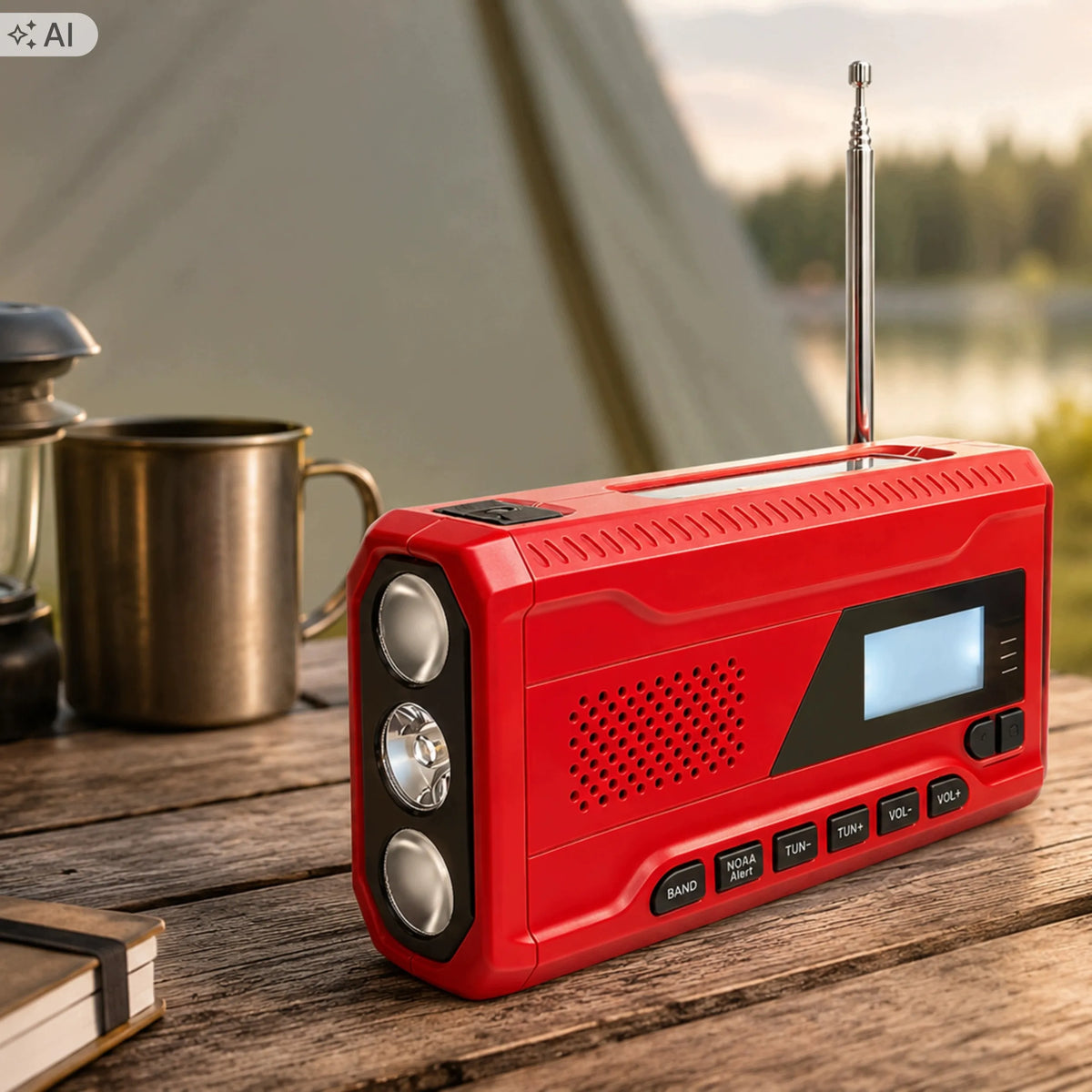 RETOO ER1283 avarinis radijas AM/FM su saulės skydeliu, rankine rankenėle, powerbanku ir žibintuvėliu