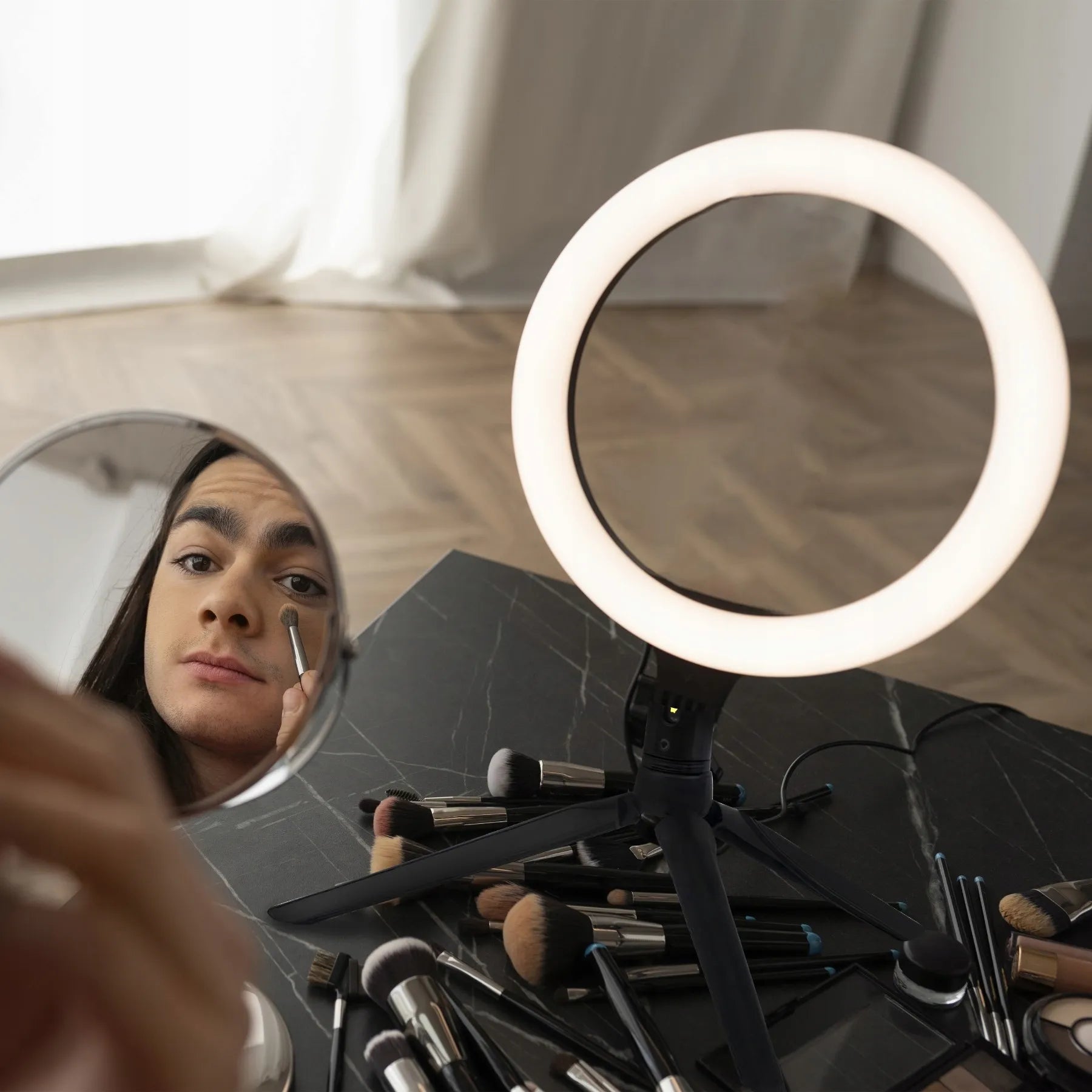 RETOO LED žiedinė asmenukių lempa makiažui su stovu, skirta nuotraukoms ir vaizdo įrašams, USB