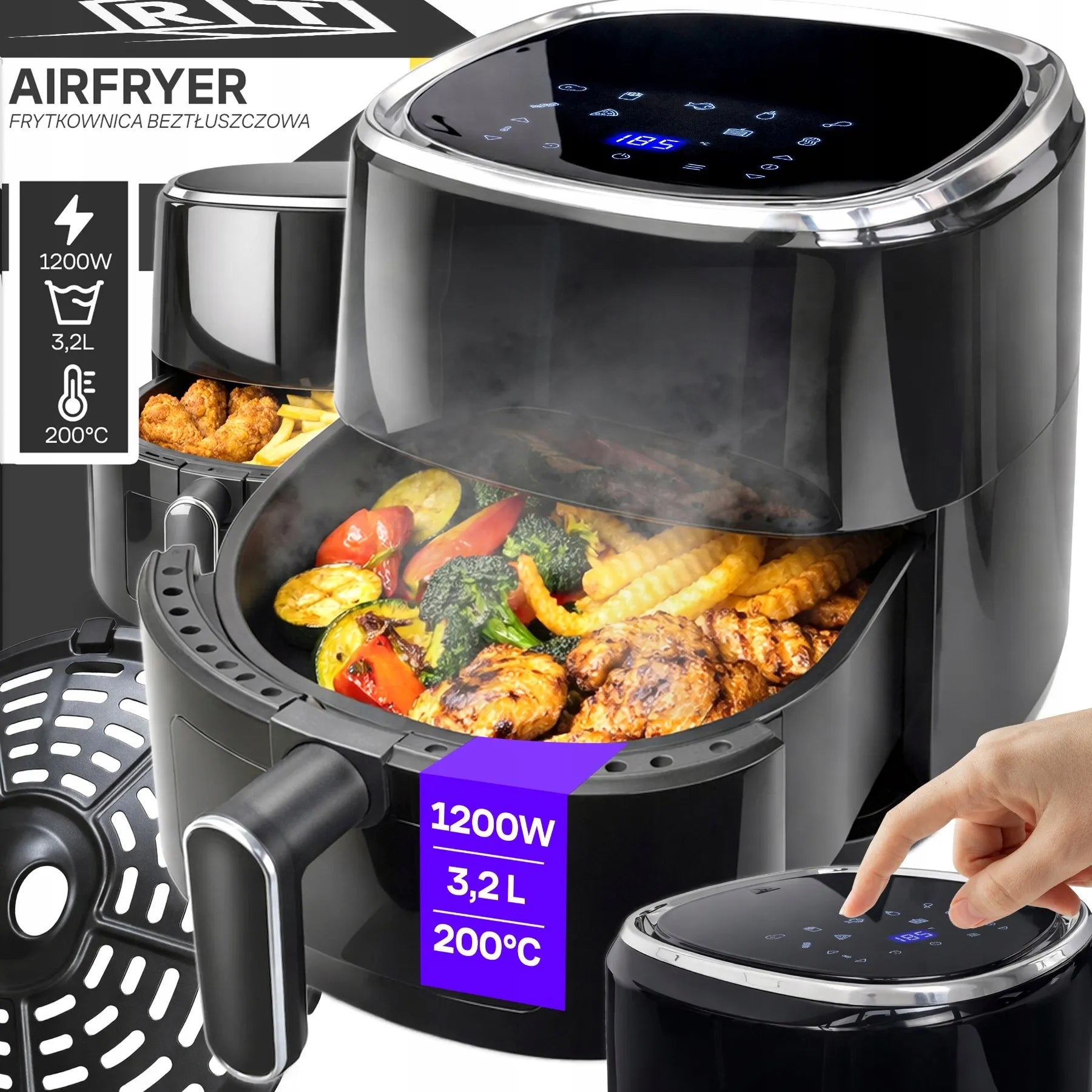 RETOO oro gruzdintuvė AIR FRYER 3,2L orkaitė 1200W 10 režimų