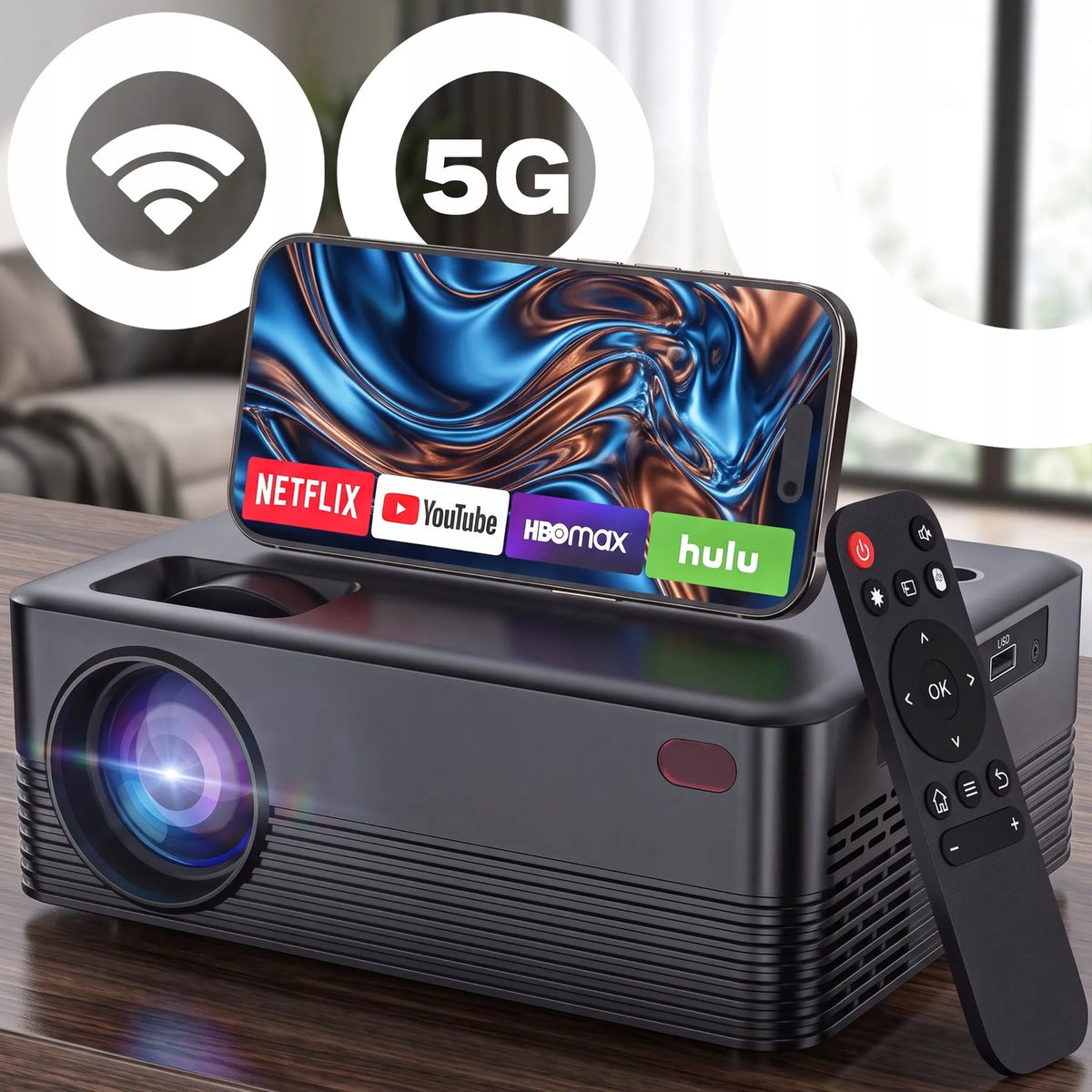„Retoo“ projektorius su „Android“, „Wi-Fi“, „Full HD“, 9000 lm, 4K UHD palaikymu ir „Bluetooth“