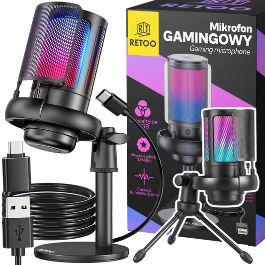 RETOO žaidimų USB mikrofonas kompiuteriui su pop filtru ir nutildymo funkcija