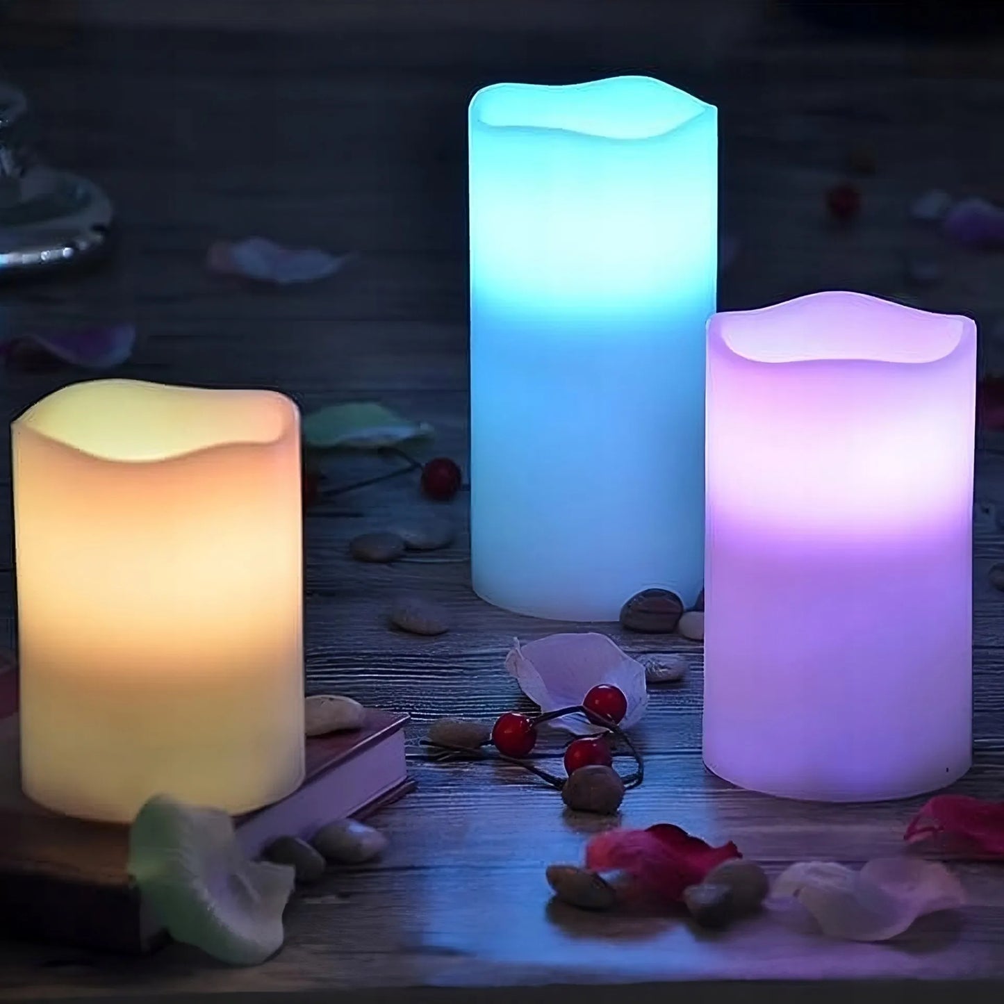 RGB LED dekoratyvinių žvakių rinkinys, 3 vnt., šviečiančios dekoracijos su nuotolinio valdymo pulteliu