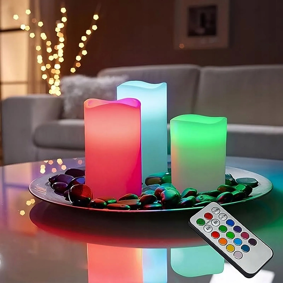 RGB LED dekoratyvinių žvakių rinkinys, 3 vnt., šviečiančios dekoracijos su nuotolinio valdymo pulteliu
