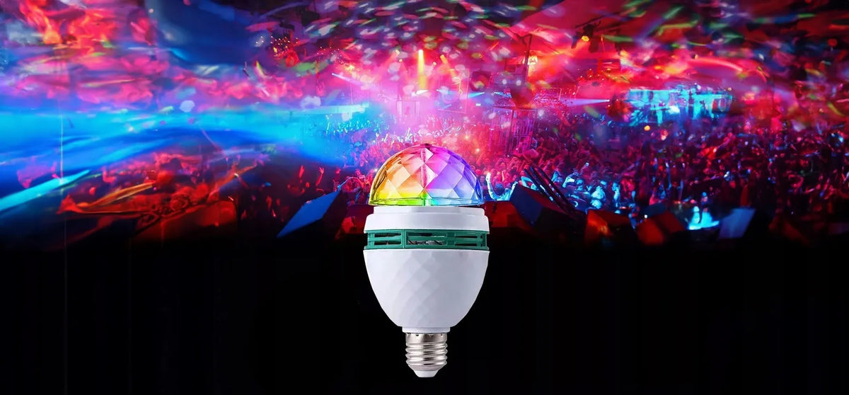 RGB LED diskotekinė lemputė su E27 cokoliu