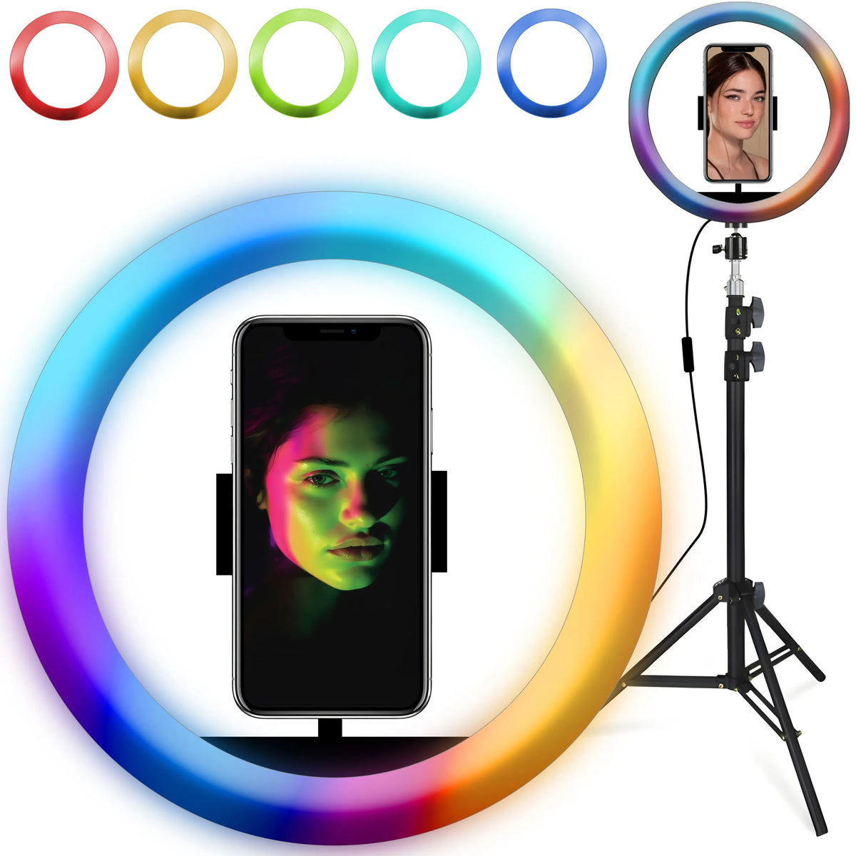 RGB LED žiedinė asmenukių lempa su stovu, nuotolinio valdymo pulteliu ir telefono laikikliu, 210 cm