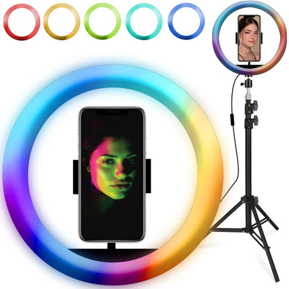 RGB LED žiedinė asmenukių lempa su stovu, nuotolinio valdymo pulteliu ir telefono laikikliu, 210 cm