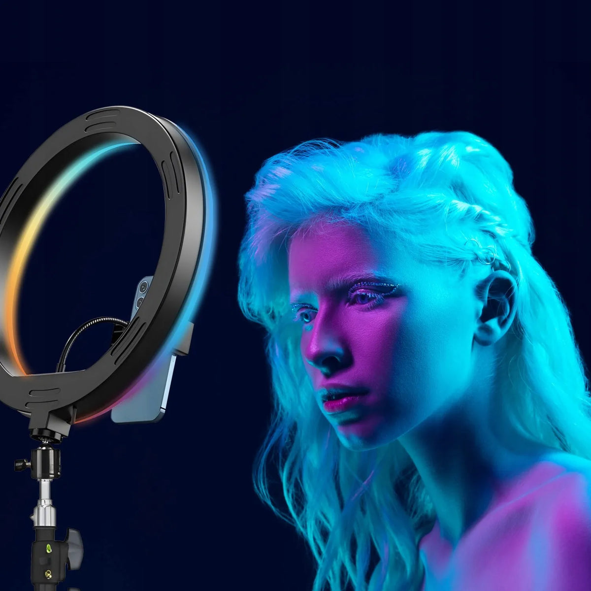 RGB LED žiedinė asmenukių lempa su stovu, nuotolinio valdymo pulteliu ir telefono laikikliu, 210 cm