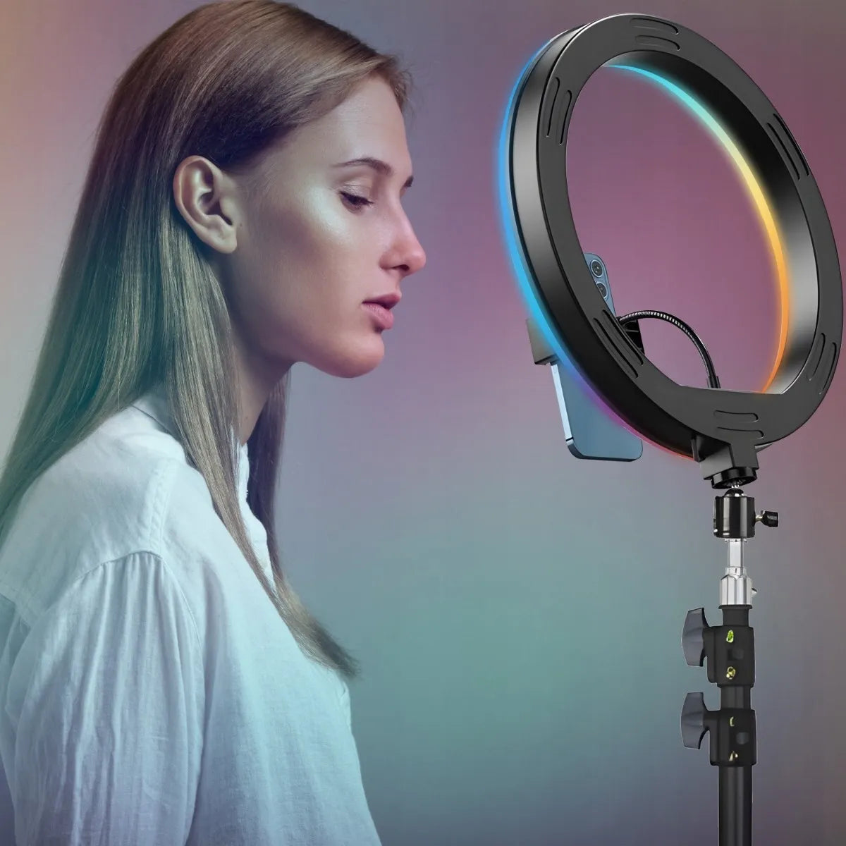 RGB LED žiedinė asmenukių lempa su stovu, nuotolinio valdymo pulteliu ir telefono laikikliu, 210 cm