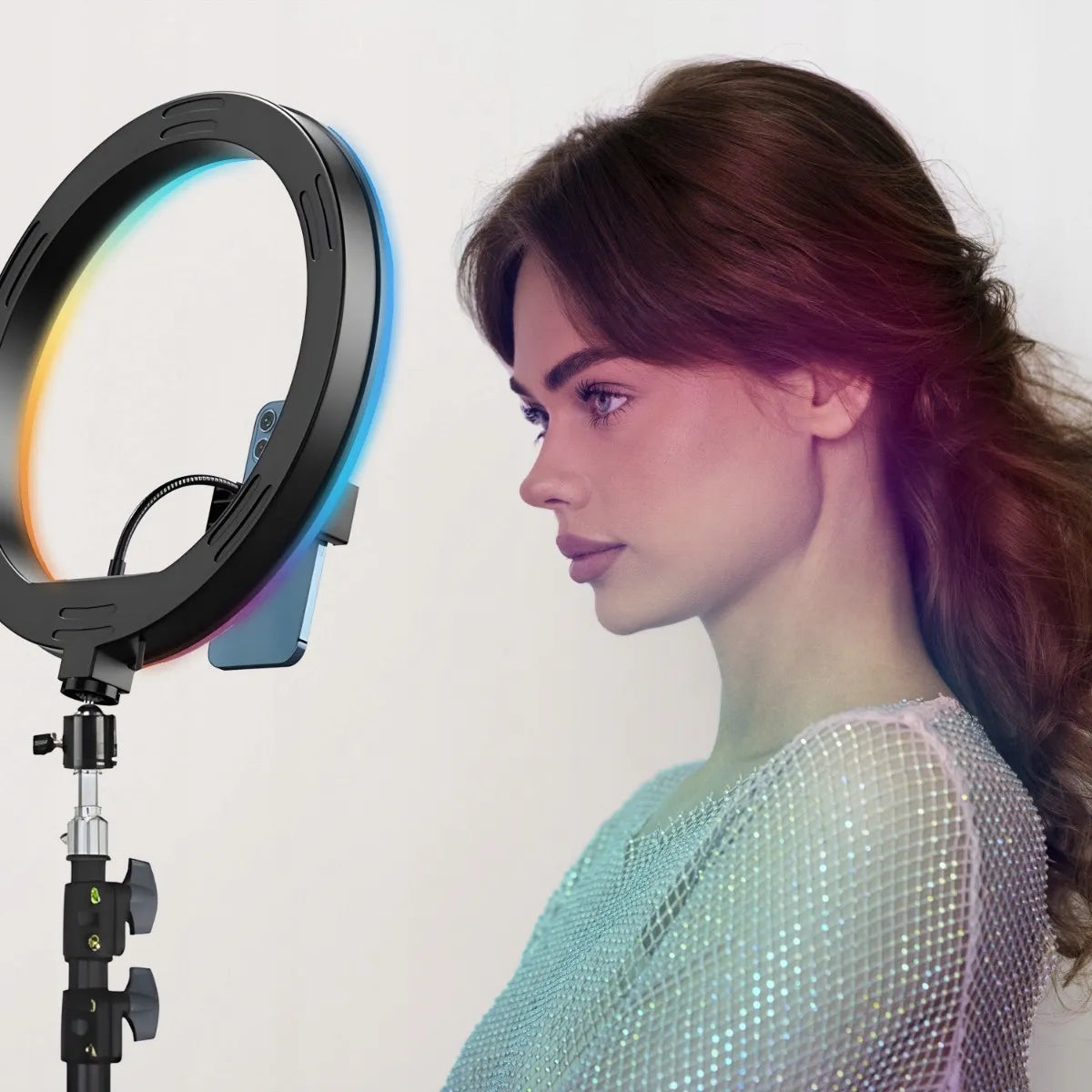 RGB LED žiedinė asmenukių lempa su stovu, nuotolinio valdymo pulteliu ir telefono laikikliu, 210 cm