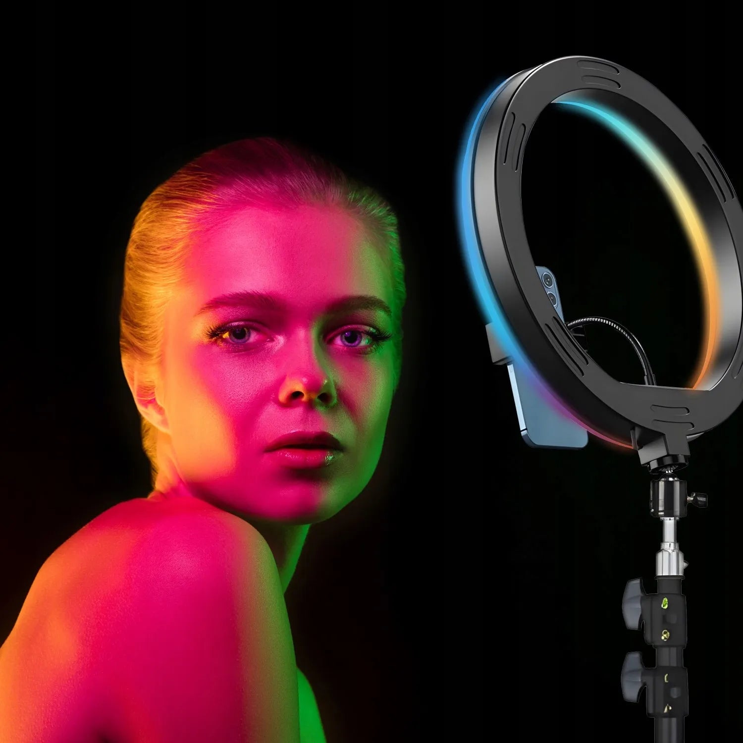 RGB LED žiedinė asmenukių lempa su stovu, nuotolinio valdymo pulteliu ir telefono laikikliu, 210 cm