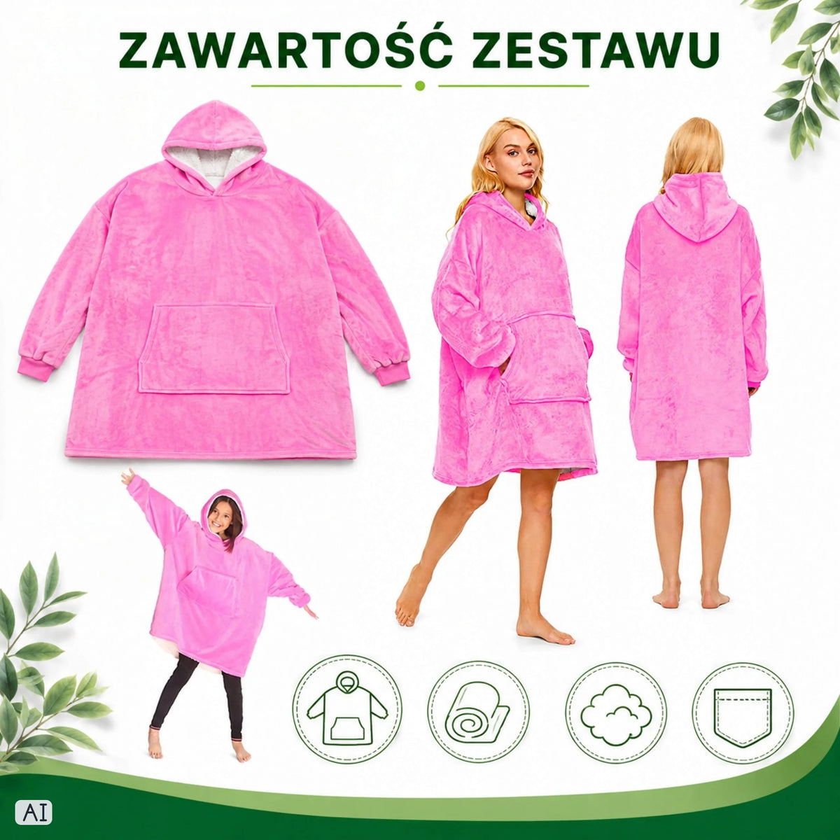 Rožinis pūkuotas džemperis-antklodė su gobtuvu, „oversize“, XXL, 2 viename
