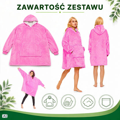 Rožinis pūkuotas džemperis-antklodė su gobtuvu, „oversize“, XXL, 2 viename
