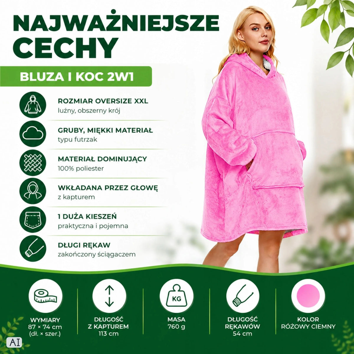 Rožinis pūkuotas džemperis-antklodė su gobtuvu, „oversize“, XXL, 2 viename